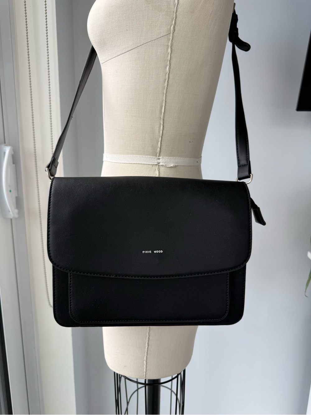 Pixie Mood Black Smooth Faux Leather Flap Crossbody Purse